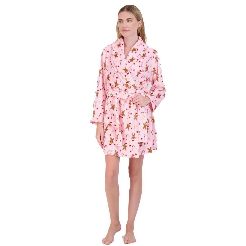 Christmas pastel pink gingerbread O/S HOLIDAY women’s   fleece robe new